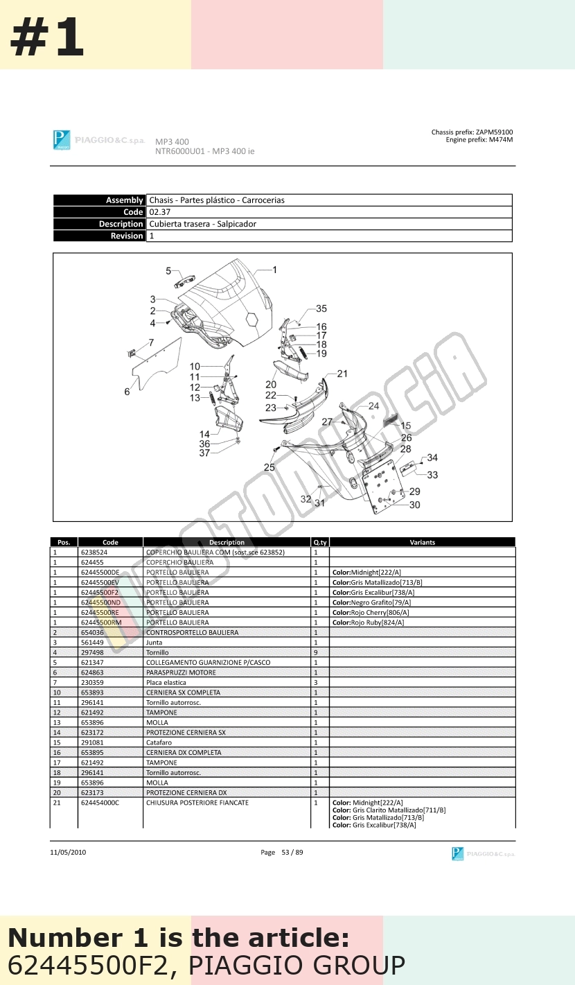 Couvercle, argent, Suffixe et code couleur Piaggio: F2_argent excalibur 738/A