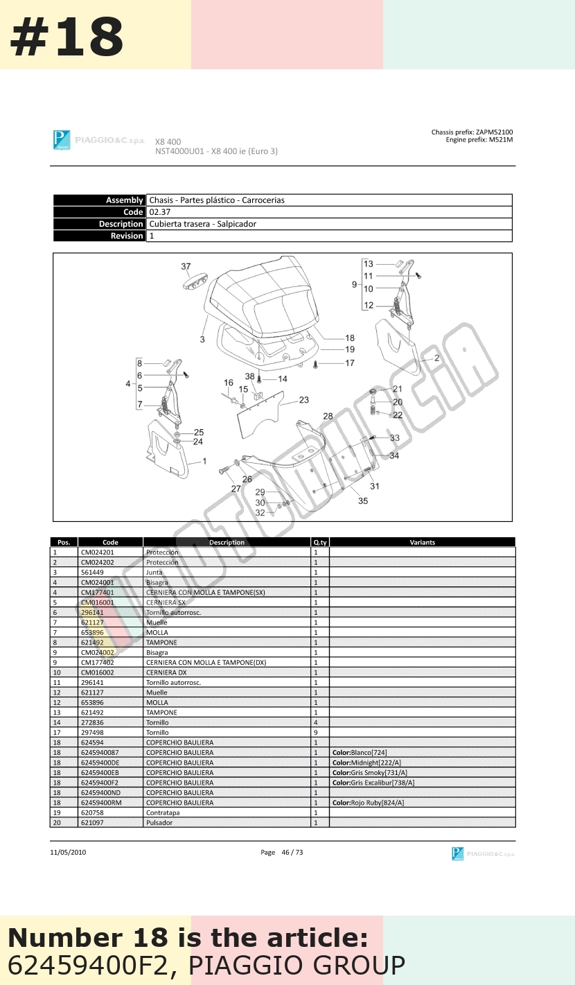 Couvercle, argent, Suffixe et code couleur Piaggio: F2_argent excalibur 738/A