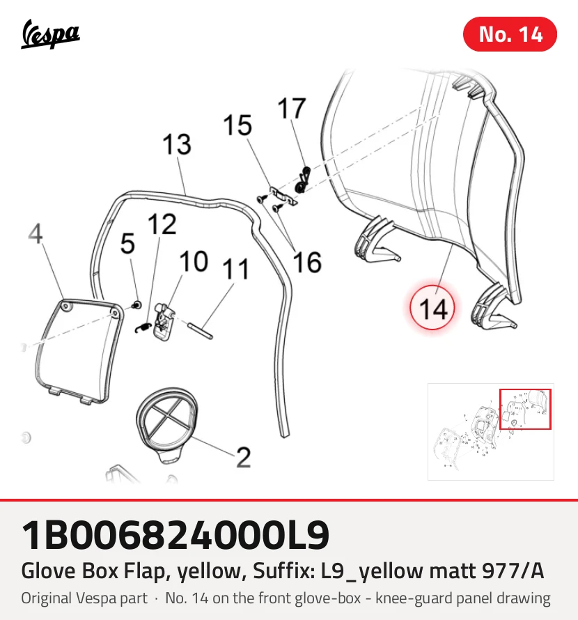 Abattant boîte à gants, jaune, Suffixe et code couleur Piaggio: L9_jaune mat 977/A