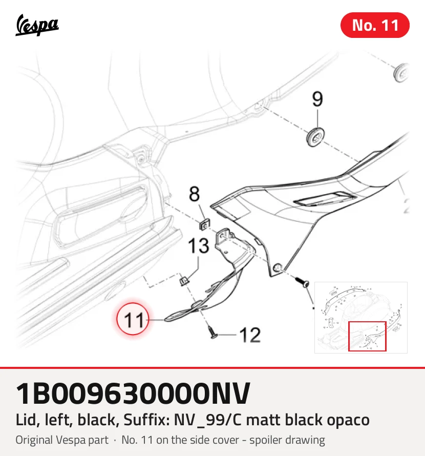 Couvercle, gauche, noir, Suffixe et code couleur Piaggio: NV_99/C noir mat opaque