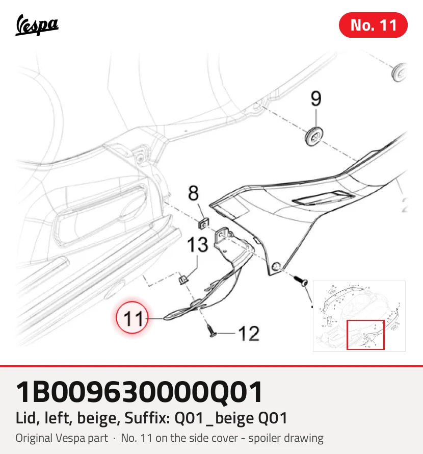Couvercle, gauche, beige, Suffixe et code couleur Piaggio: Q01_beige Q01