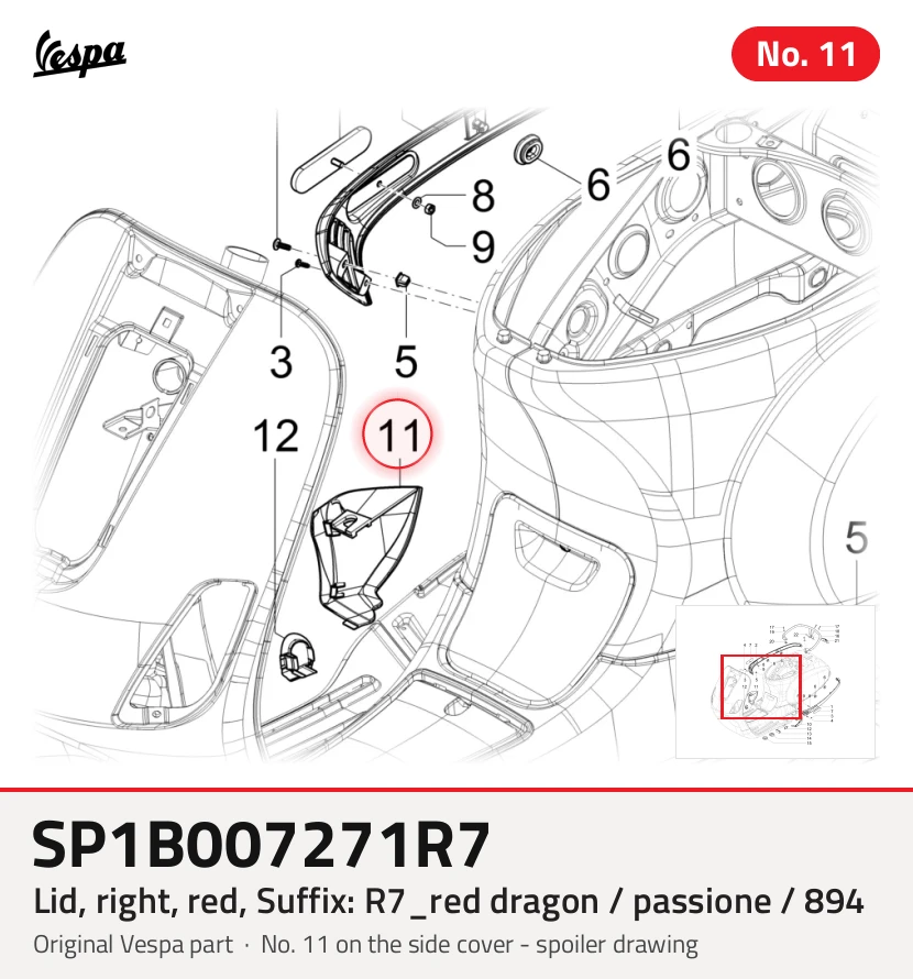 Couvercle, droit, rouge, Suffixe et code couleur Piaggio: R7_rouge dragon / passion /894