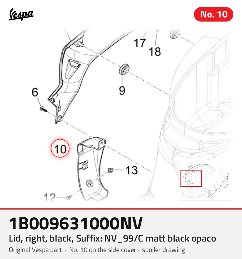 Couvercle, droit, noir, Suffixe et code couleur Piaggio: NV_99/C noir mat opaque