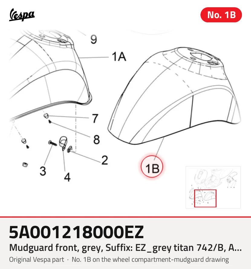 Garde-boue avant, gris, Suffixe et code couleur Piaggio: EZ_gris titane 742/B, APAC (Asie)