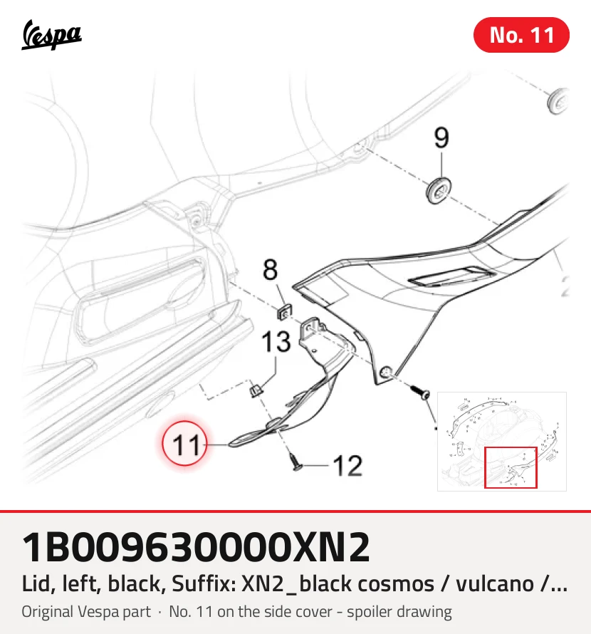 Couvercle, gauche, noir, Suffixe et code couleur Piaggio: XN2_noir cosmos / vulcano / 98/A
