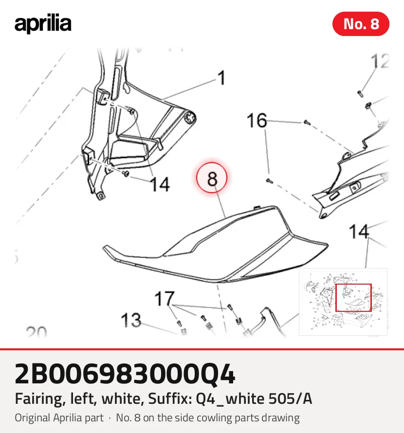 Revêtement, gauche, blanc, Suffixe et code couleur Piaggio: Q4_blanc 505/A