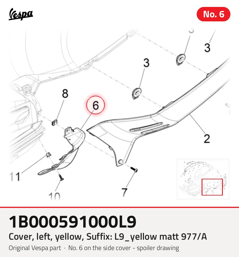 Cache/entourage/habillage, gauche, jaune, Suffixe et code couleur Piaggio: L9_jaune mat 977/A