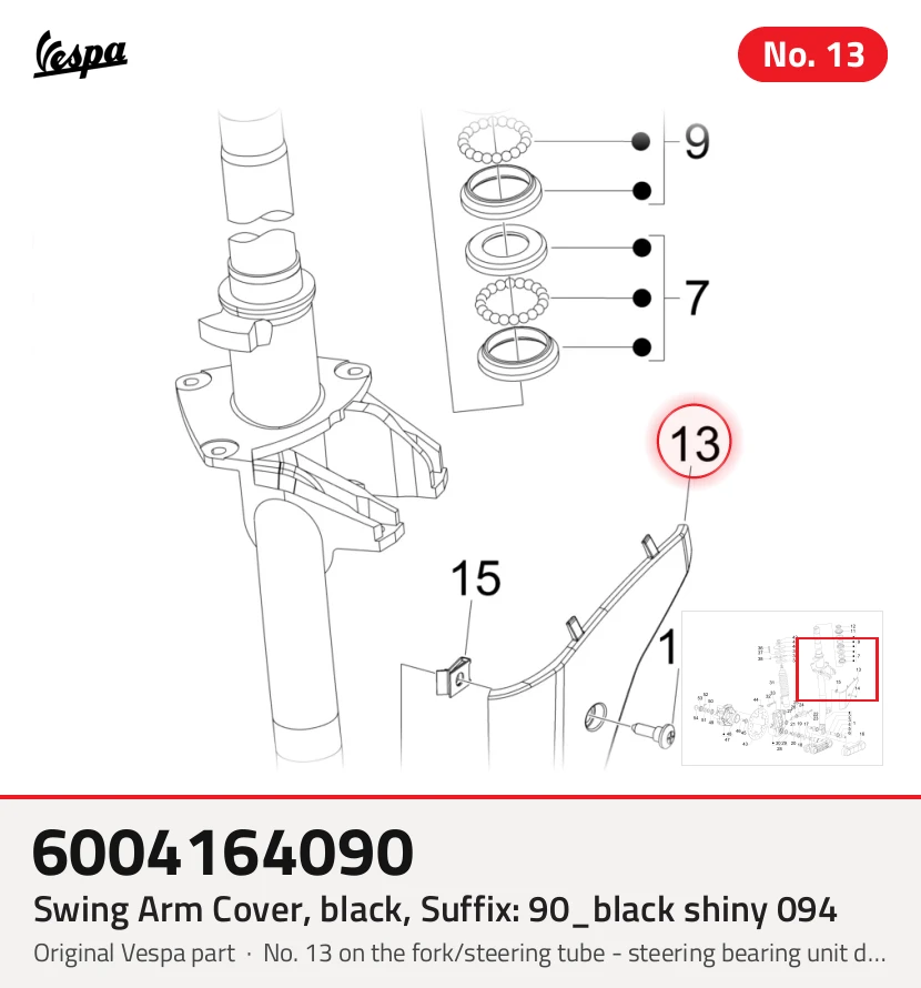 Couvercle bras de suspension, noir, Suffixe et code couleur Piaggio: 90_noir brillant 094