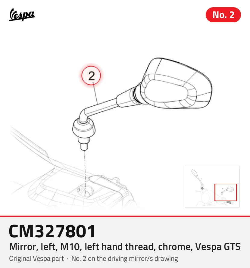 Mirror, left, M10, left hand thread, chrome, Vespa GTS