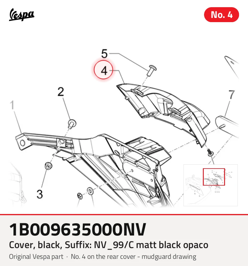 Cache/entourage/habillage, noir, Suffixe et code couleur Piaggio: NV_99/C noir mat opaque