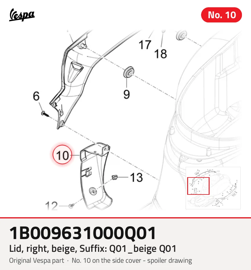 Couvercle, droit, beige, Suffixe et code couleur Piaggio: Q01_beige Q01