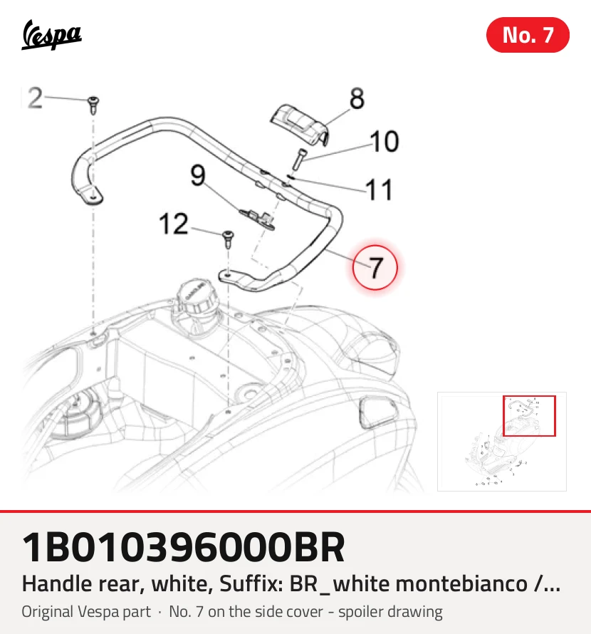 Poignée arrière, blanc, Suffixe et code couleur Piaggio: BR_blanc montebianco / innocenza / 544