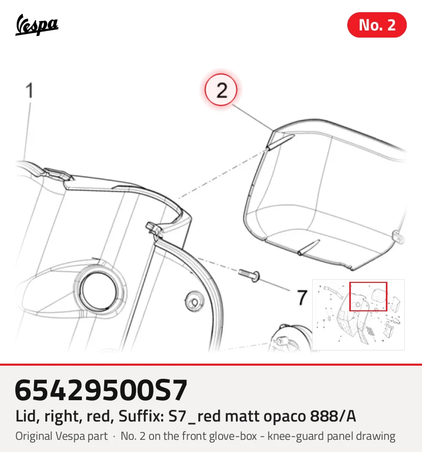Couvercle, droit, rouge, Suffixe et code couleur Piaggio: S7_rouge mat opaque 888/A