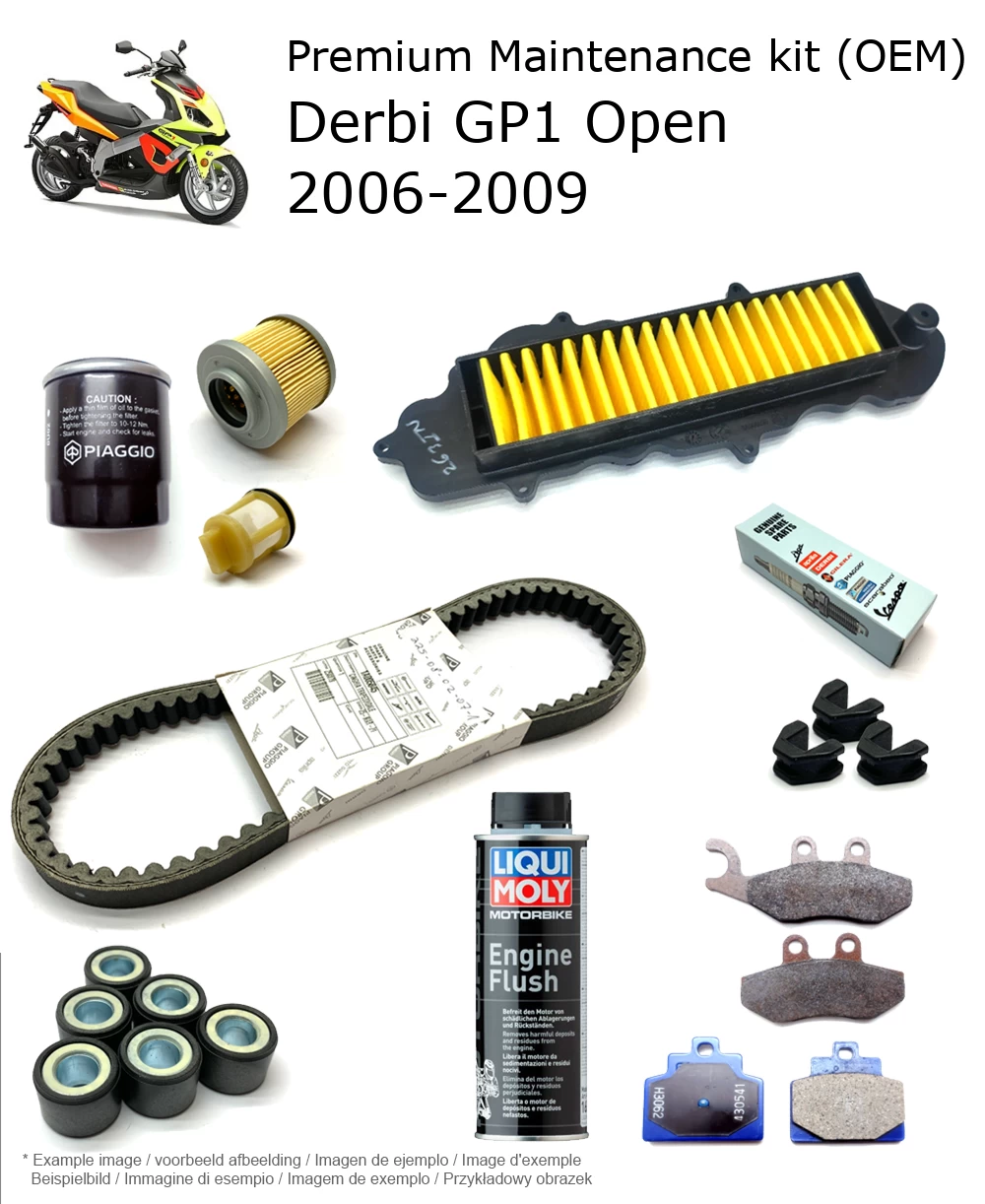 Kit de manutenção (OEM) com pastilhas de travão e aditivo Derbi GP1 Open 2006-2009