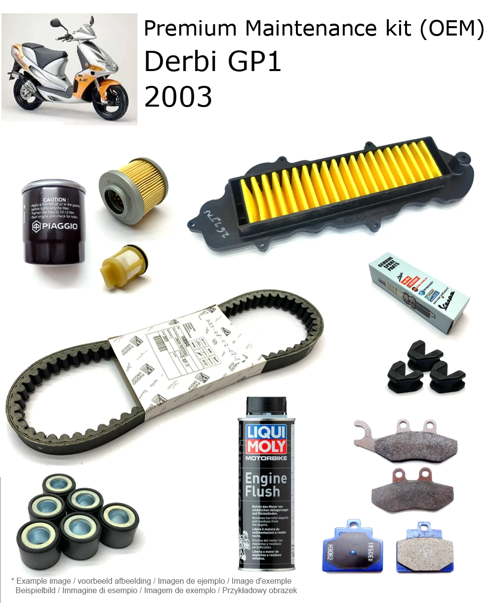 Kit de manutenção (OEM) com pastilhas de travão e aditivo Derbi GP1 2003