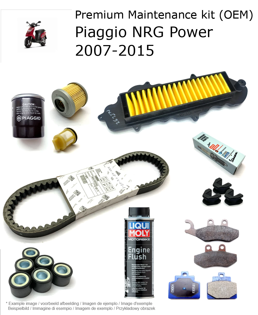 Kit de manutenção (OEM) com pastilhas de travão e aditivo Piaggio NRG Power 2007-2015