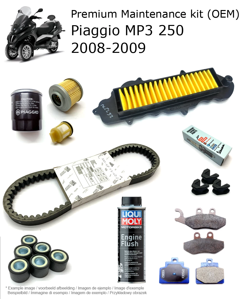 Kit de manutenção (OEM) com pastilhas de travão e aditivo Piaggio MP3 250 2008-2009