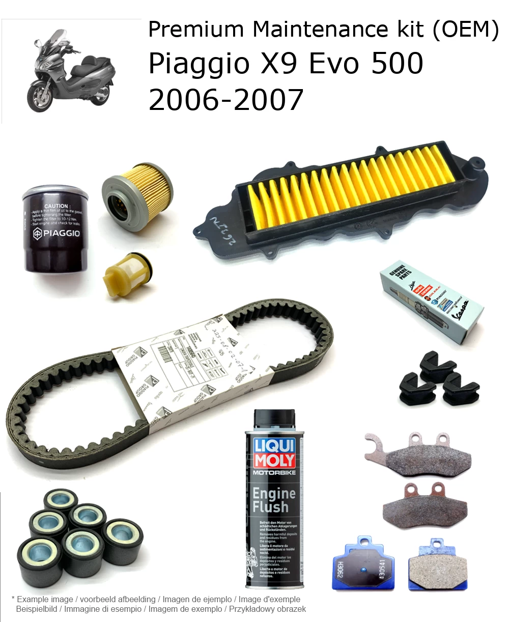 Kit de manutenção (OEM) com pastilhas de travão e aditivo Piaggio X9 Evo 500 2006-2007