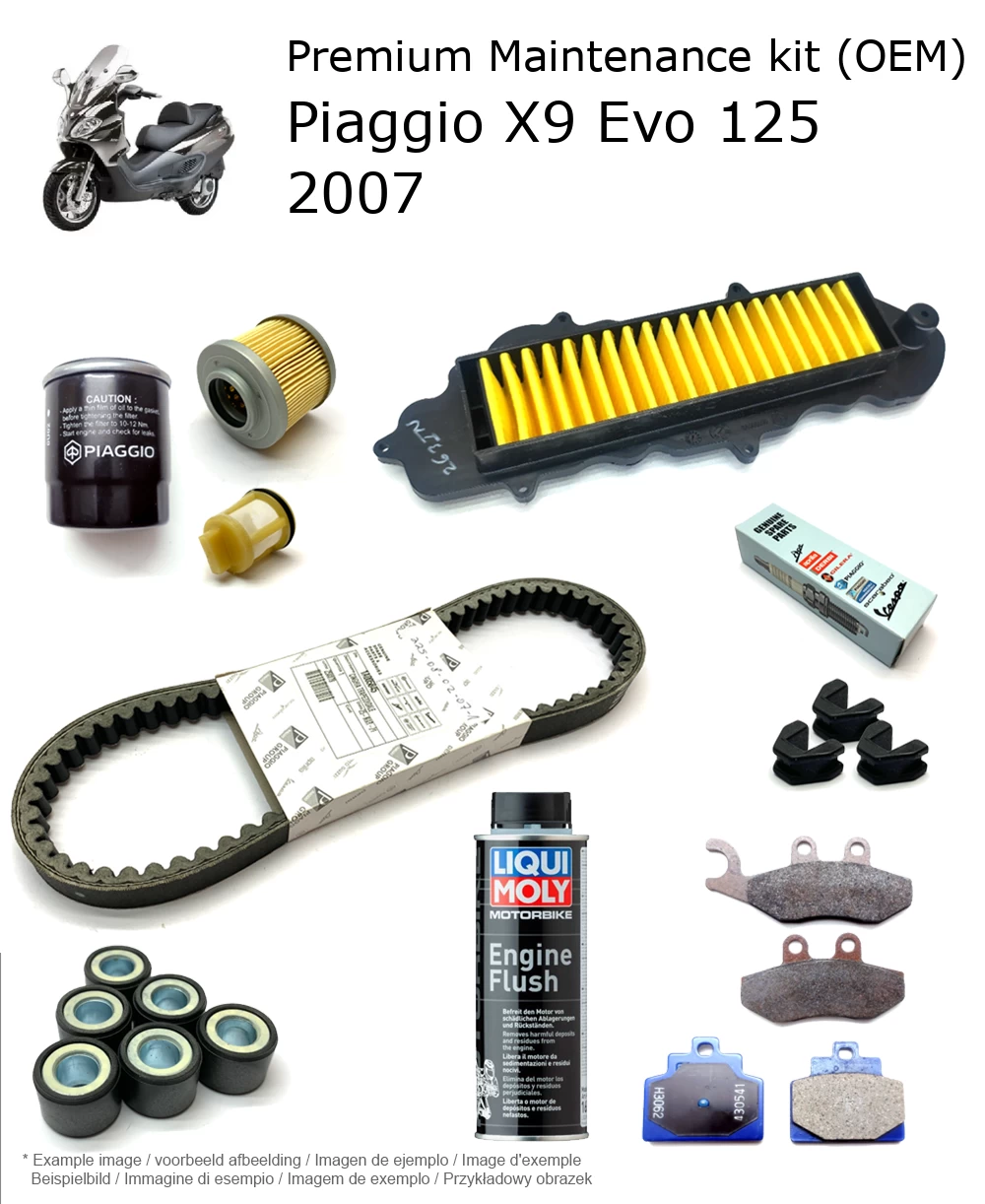 Kit de manutenção (OEM) com pastilhas de travão e aditivo Piaggio X9 Evo 125 2007