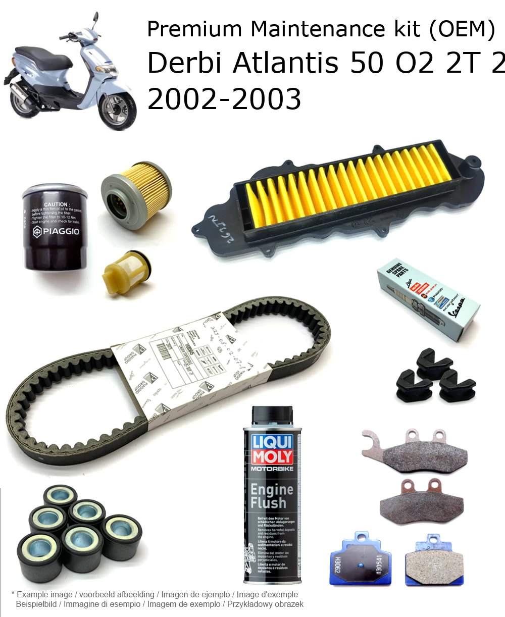 Kit de manutenção (OEM) com pastilhas de travão e aditivo Derbi Atlantis 50 O2 2T 25 km/h 2002-2003