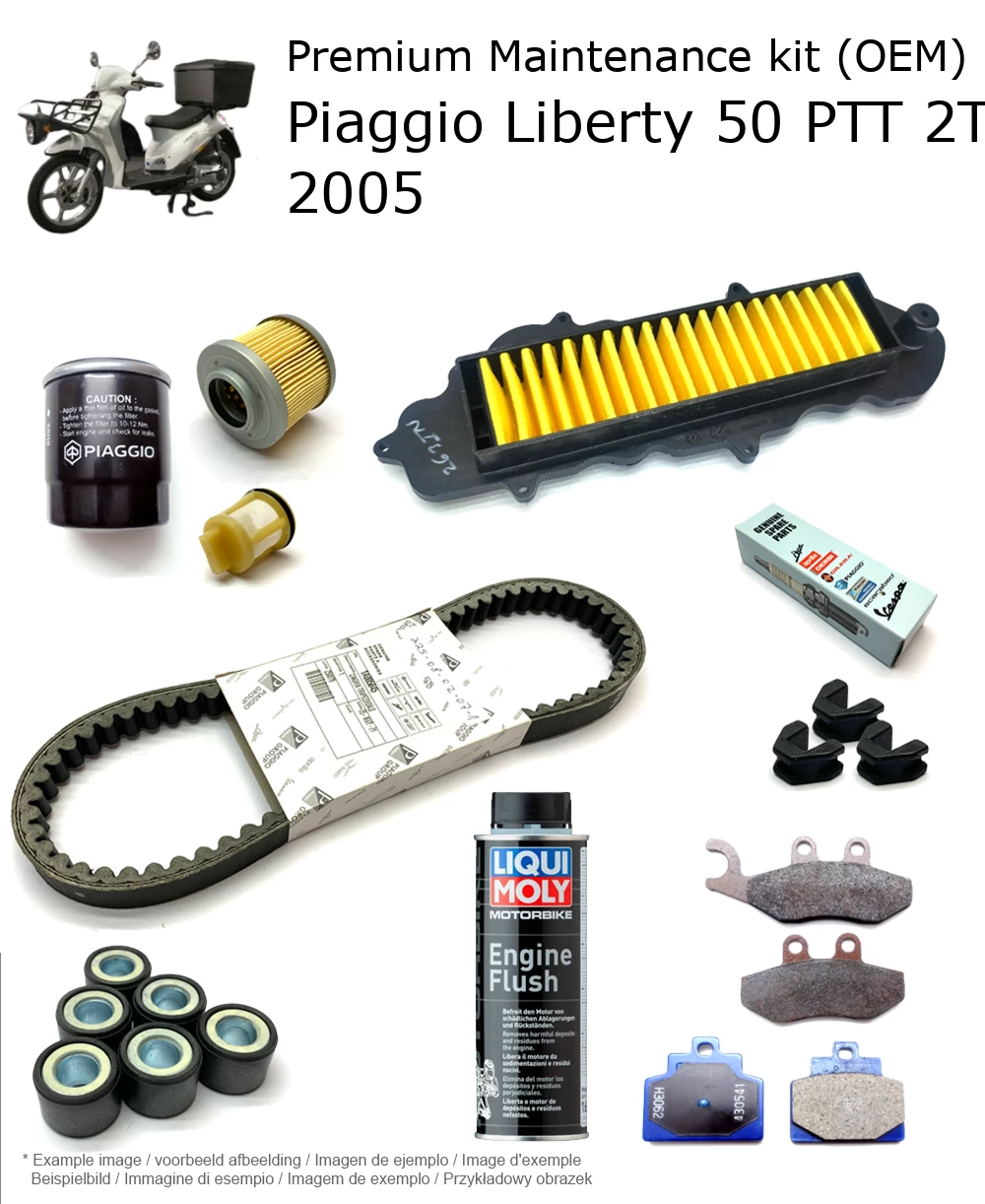 Kit de manutenção (OEM) com pastilhas de travão e aditivo Piaggio Liberty 50 PTT 2T 2005
