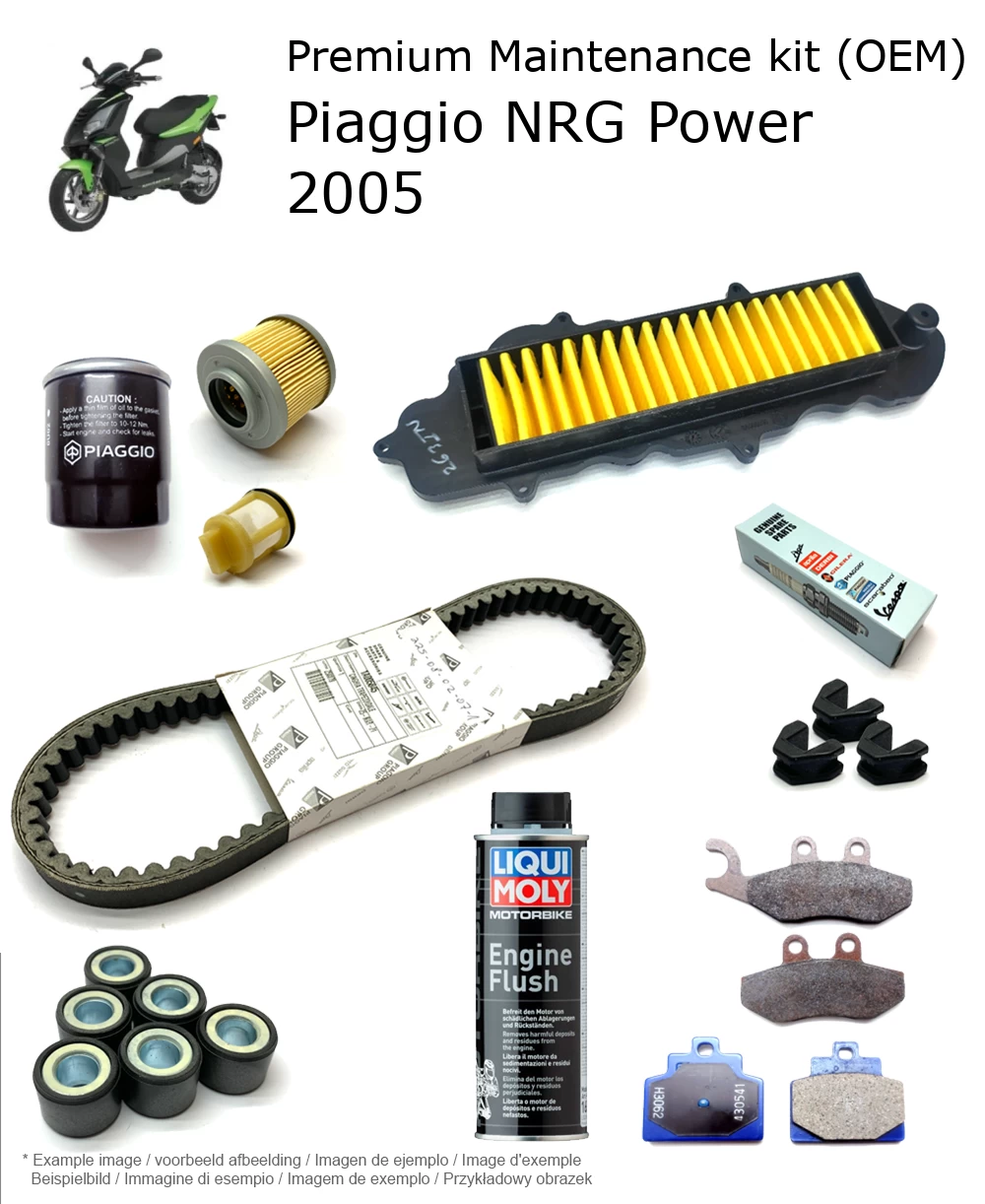 Kit de manutenção (OEM) com pastilhas de travão e aditivo Piaggio NRG Power 2005