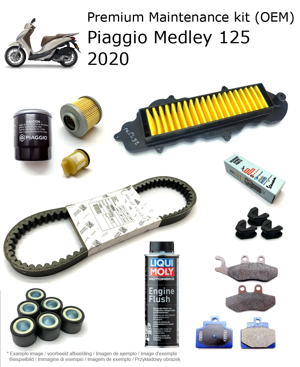 Kit de manutenção (OEM) com pastilhas de travão e aditivo Piaggio Medley 125 2020