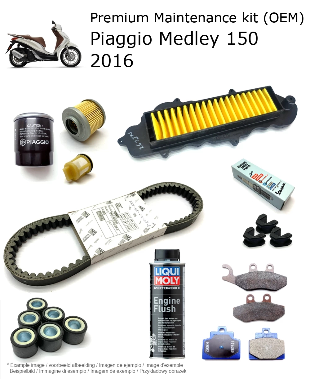 Kit de manutenção (OEM) com pastilhas de travão e aditivo Piaggio Medley 150 2016