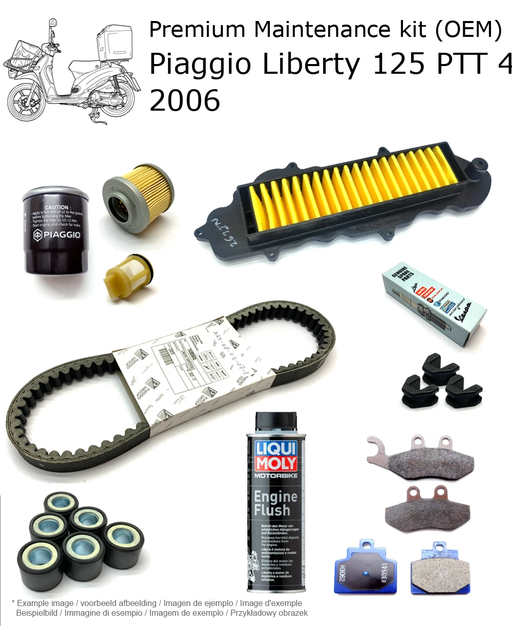 Kit de manutenção (OEM) com pastilhas de travão e aditivo Piaggio Liberty 125 PTT 4T AC 2006