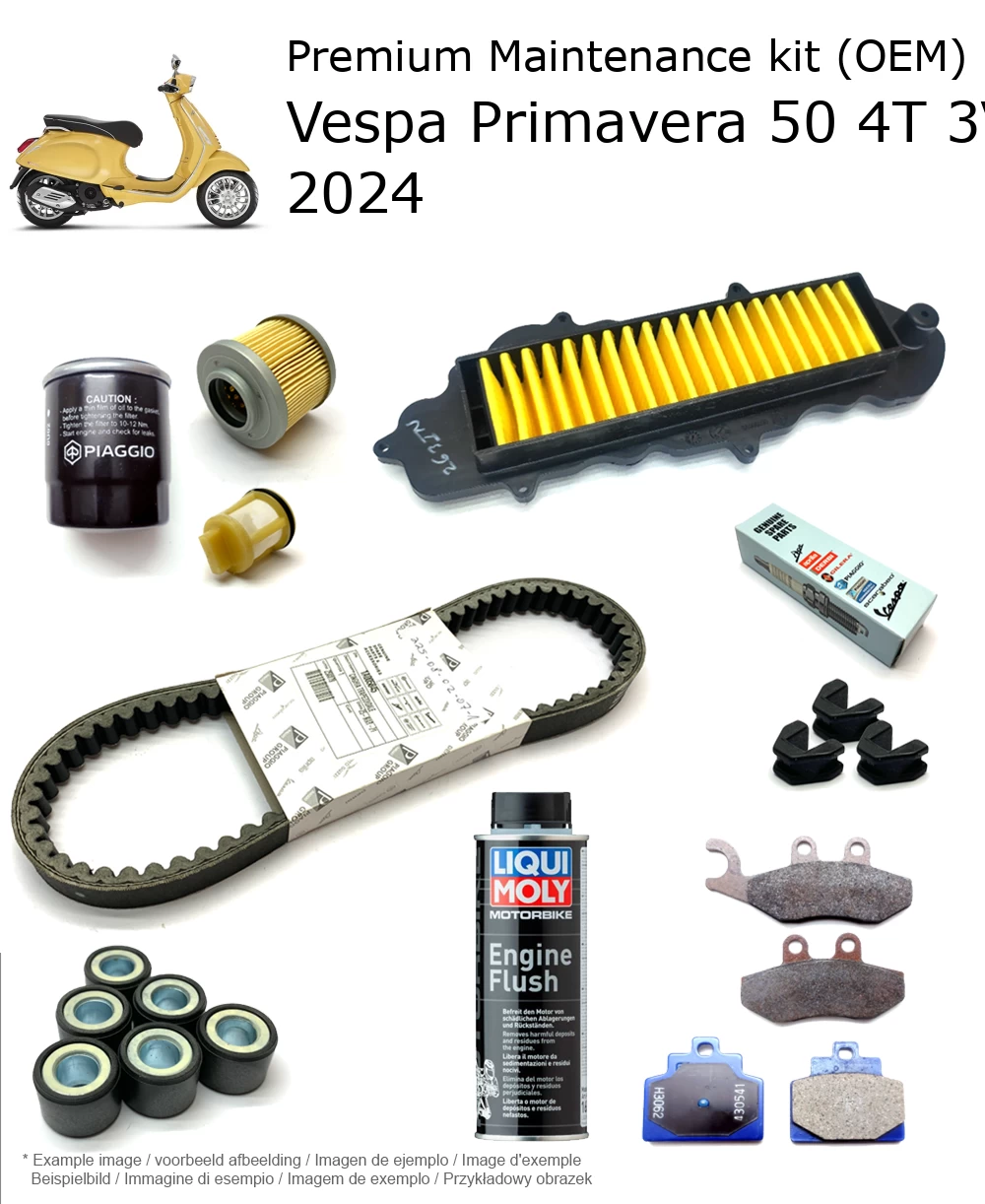 Kit de manutenção (OEM) com pastilhas de travão e aditivo Vespa Primavera 50 4T 3V 2024