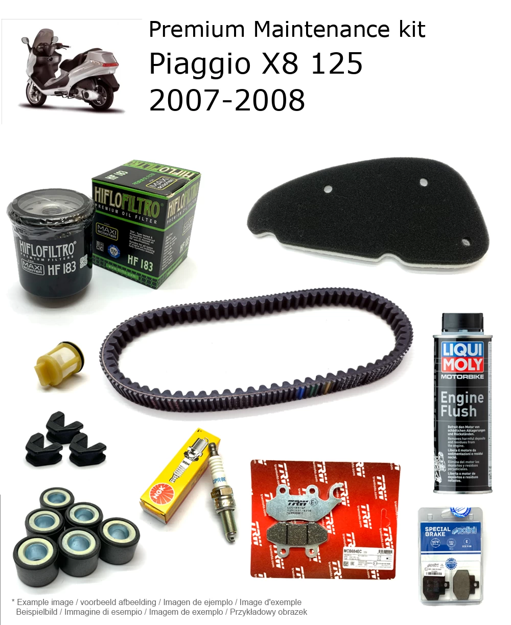 Kit de manutenção com pastilhas de travão e aditivo Piaggio X8 125 2007-2008