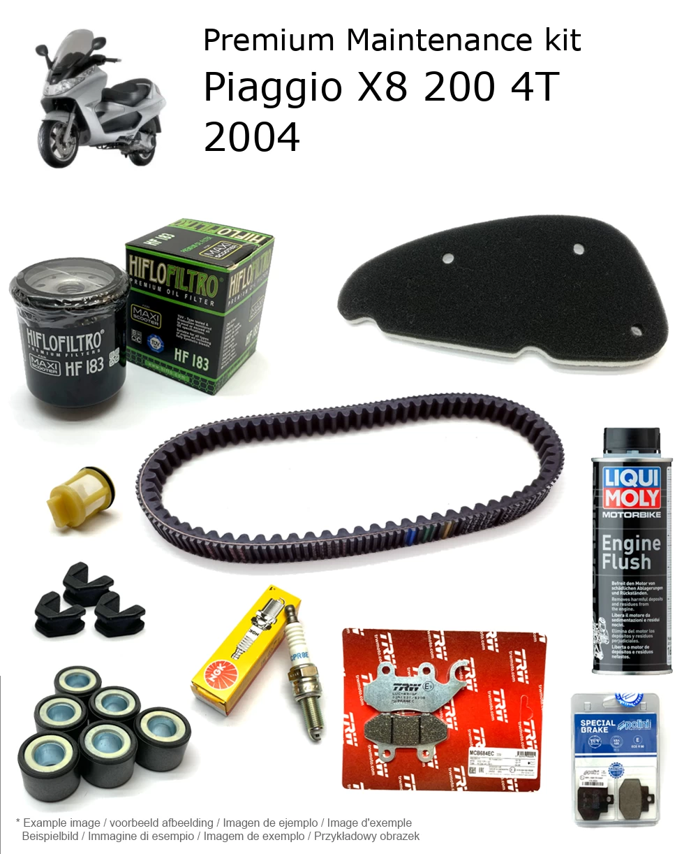 Kit de manutenção com pastilhas de travão e aditivo Piaggio X8 200 4T 2004