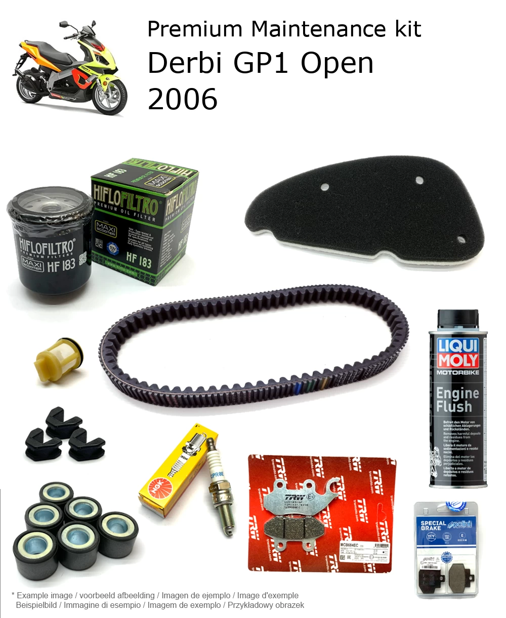Kit de manutenção com pastilhas de travão e aditivo Derbi GP1 Open 2006