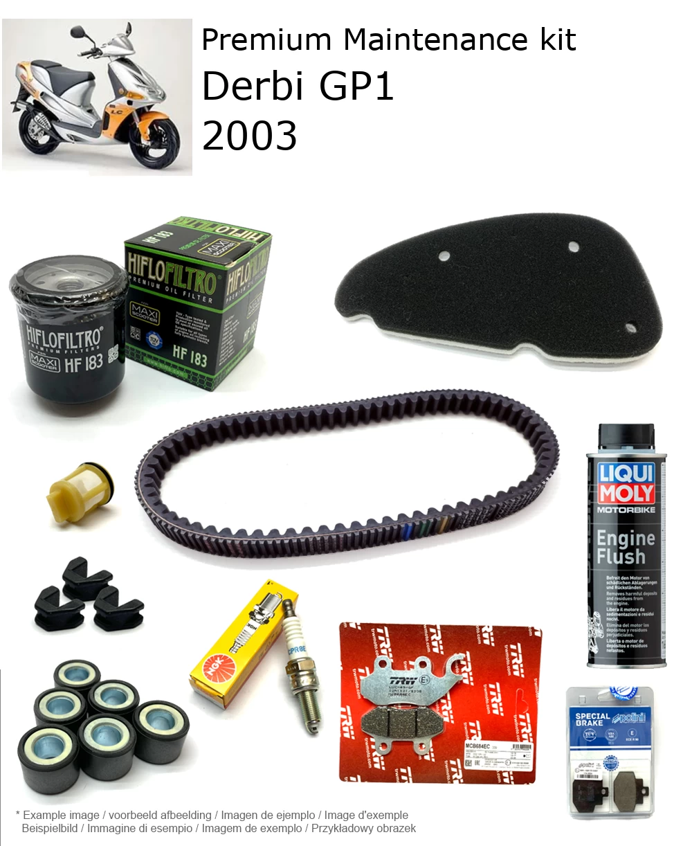 Kit de manutenção com pastilhas de travão e aditivo Derbi GP1 2003