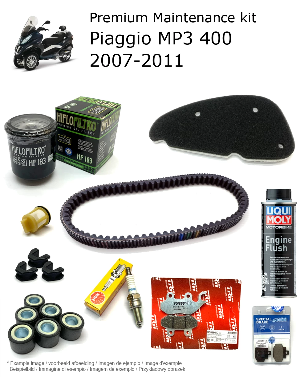 Kit de manutenção com pastilhas de travão e aditivo Piaggio MP3 400 2007-2011