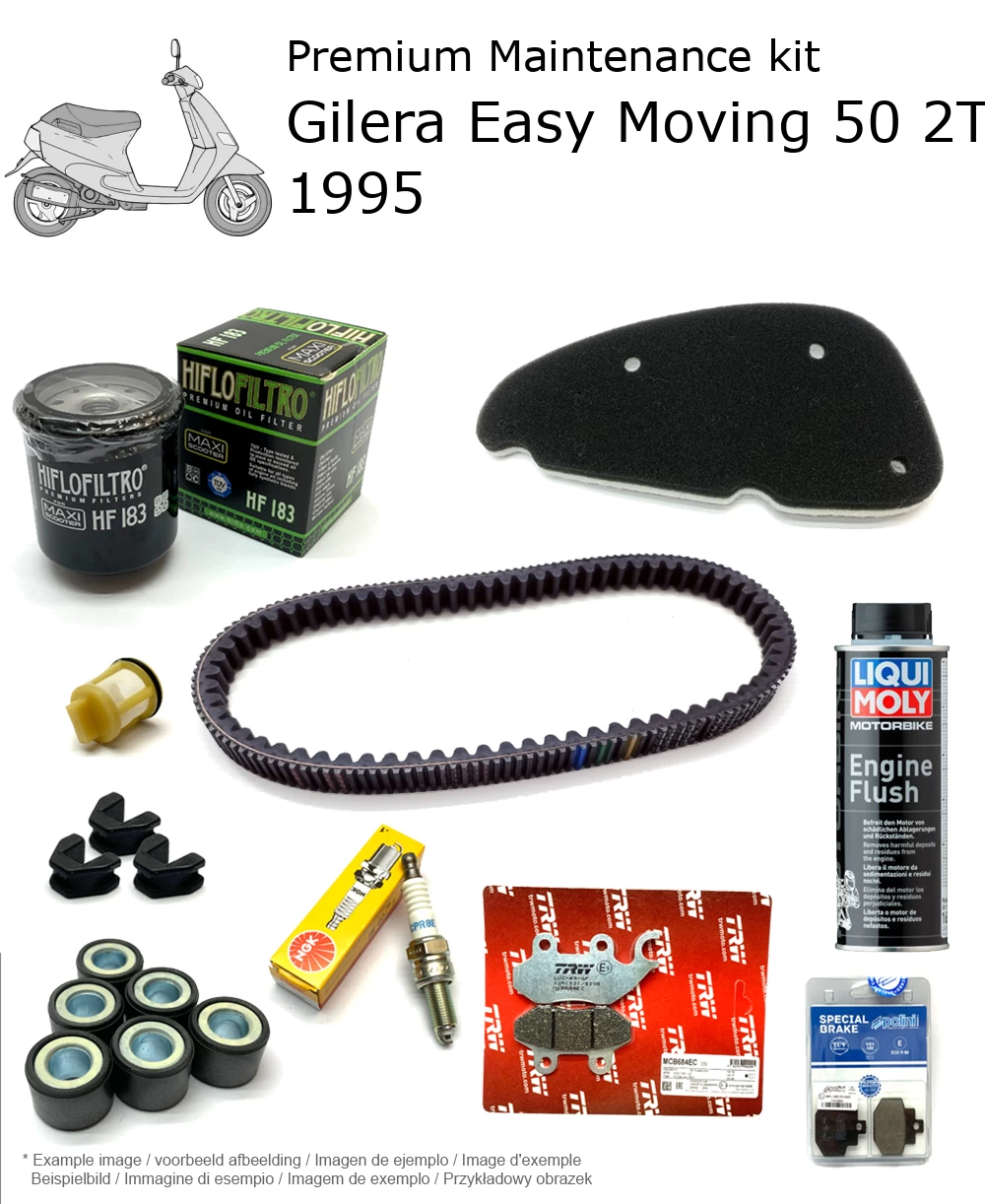 Kit de manutenção com pastilhas de travão e aditivo Gilera Easy Moving 50 2T AC 1995